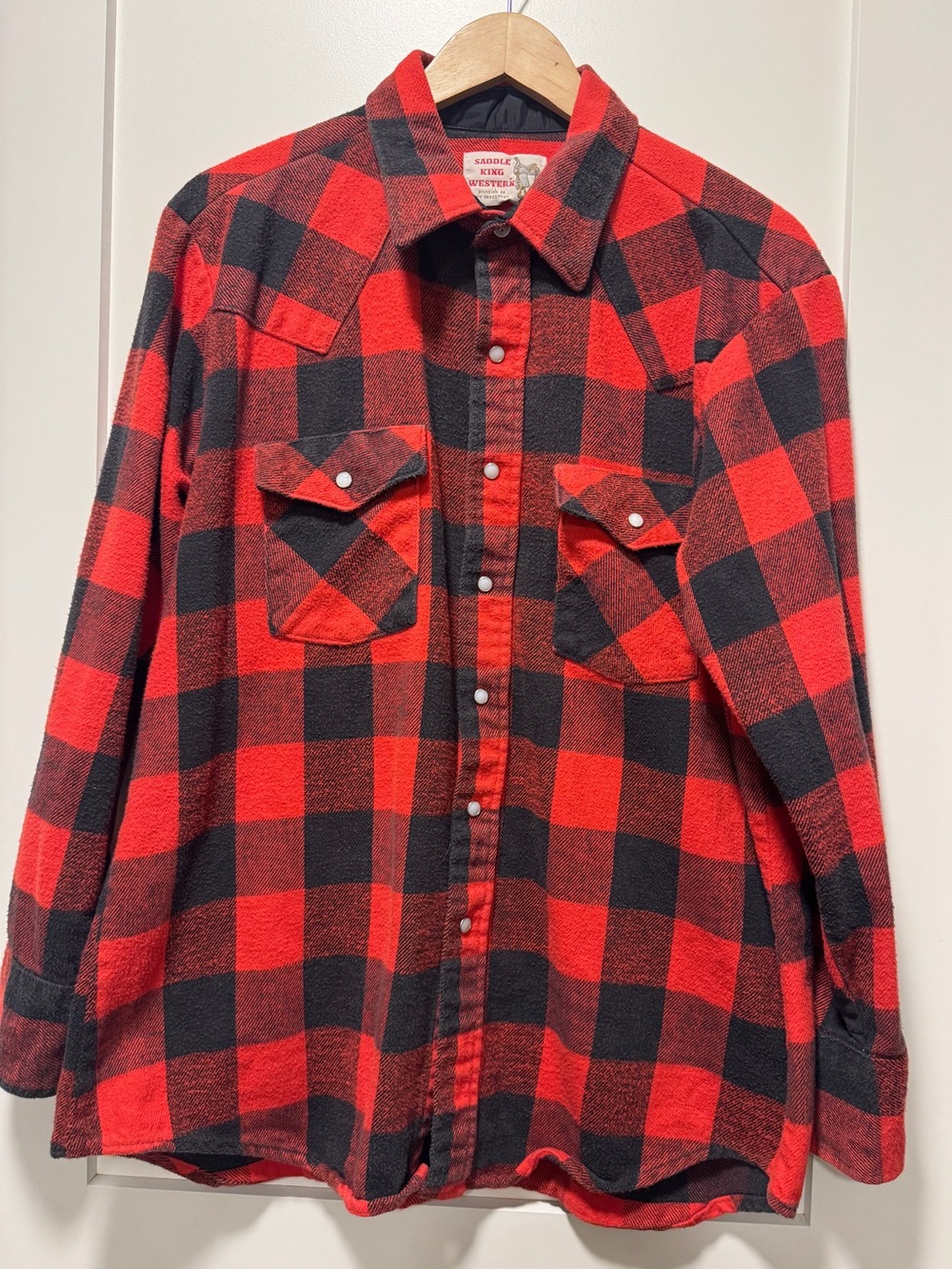 Vtg Saddle King Western Red Black Buffalo Plaid Pearl Snap Flannel Shirt
